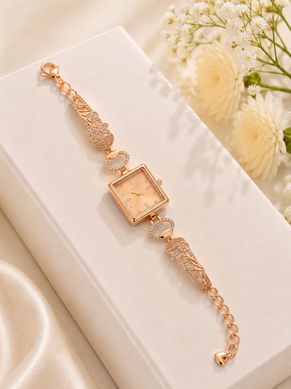 Luxury Rose Gold Square Champagne Dial Crystal Bracelet Watch for Women