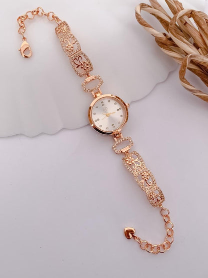 Luxury Rose Gold White Dial Floral Crystal Bracelet Watch for Women