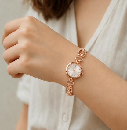 Luxury Rose Gold White Dial Floral Crystal Bracelet Watch for Women