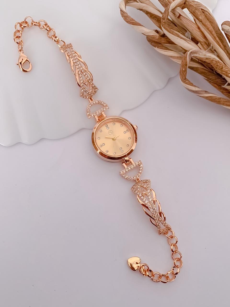 Luxury Rose Gold Champagne Dial Crystal Bracelet Watch for Women