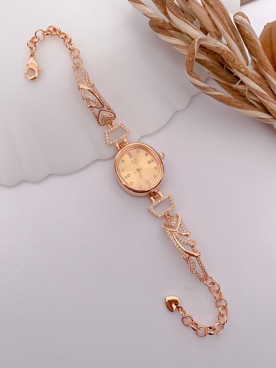 Elegant Rose Gold Champagne Dial Heart Crystal Bracelet Watch for Women