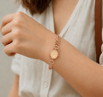 Elegant Rose Gold Champagne Dial Heart Crystal Bracelet Watch for Women