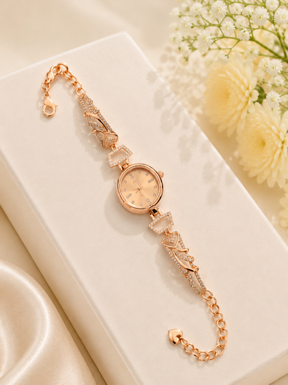 Elegant Rose Gold Champagne Dial Heart Crystal Bracelet Watch for Women