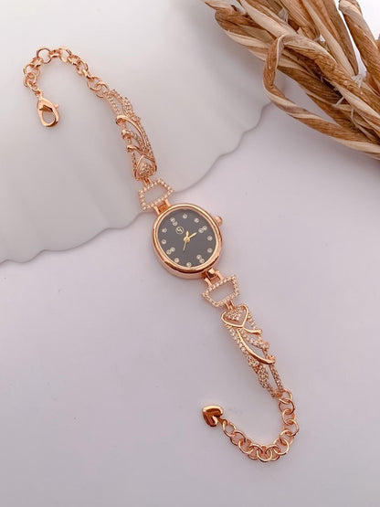 Luxury Rose Gold Black Dial Heart Crystal Bracelet Watch for Women