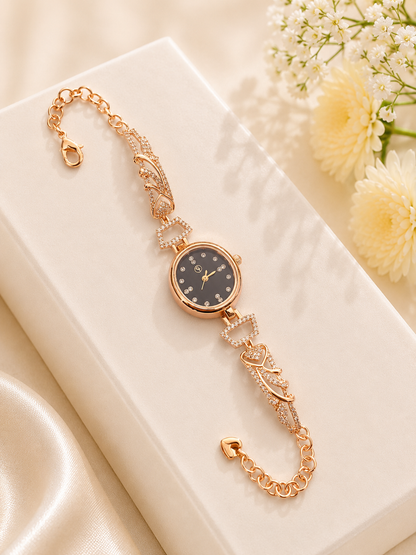 Luxury Rose Gold Black Dial Heart Crystal Bracelet Watch for Women