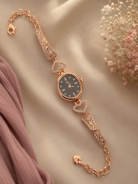 Luxury Rose Gold Black Dial Heart Link Crystal Bracelet Watch for Women