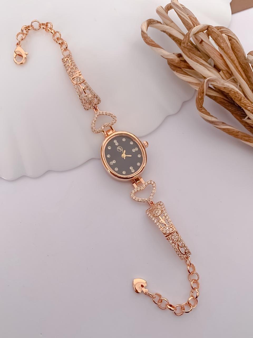 Luxury Rose Gold Black Dial Heart Link Crystal Bracelet Watch for Women