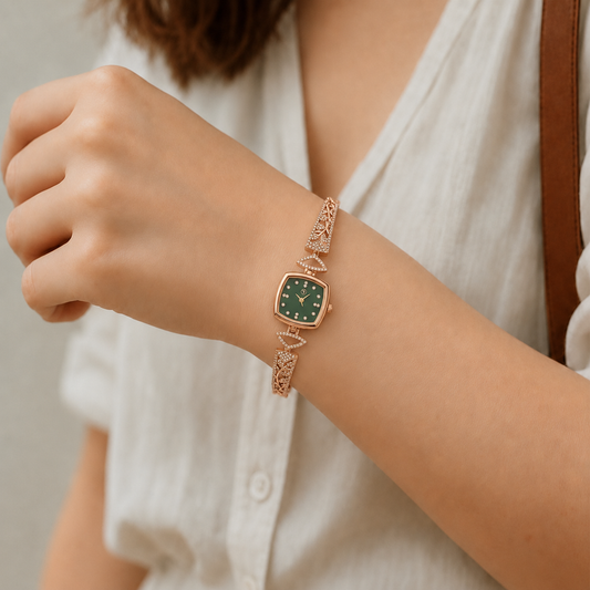 Luxury Rose Gold Green Square Dial Crystal Bracelet Watch for Women