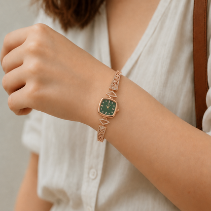 Elegant Rose Gold Square Dial Bracelet Watch for Women with Green Dial