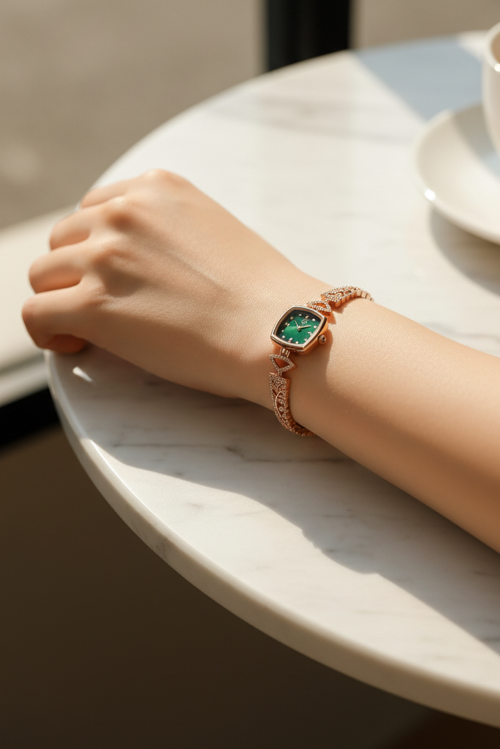 Elegant Rose Gold Square Dial Bracelet Watch for Women with Green Dial