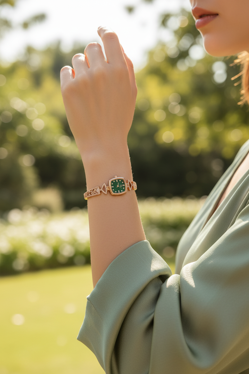 Elegant Rose Gold Square Dial Bracelet Watch for Women with Green Dial