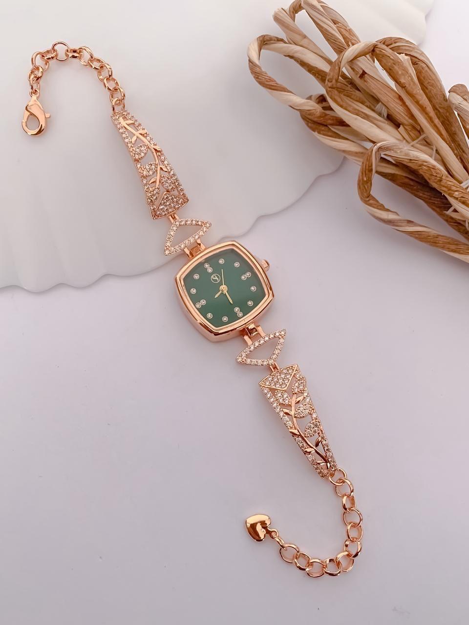 Elegant Rose Gold Square Dial Bracelet Watch for Women with Green Dial