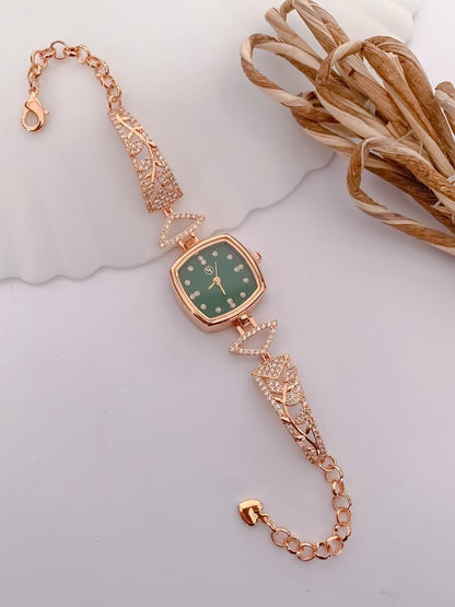 Elegant Rose Gold Square Dial Bracelet Watch for Women with Green Dial