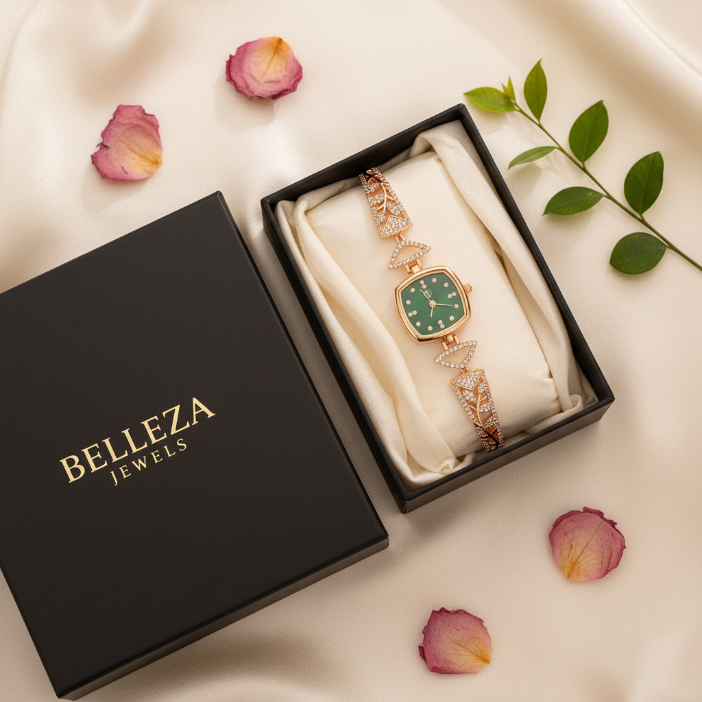 Elegant Rose Gold Square Dial Bracelet Watch for Women with Green Dial