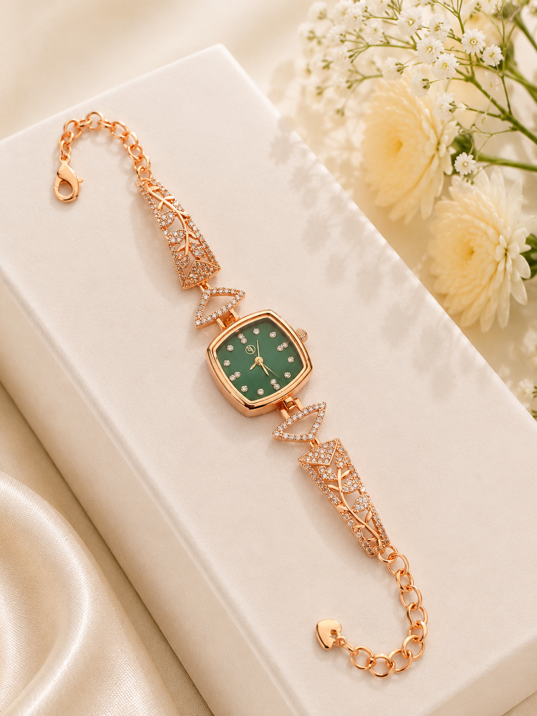 Elegant Rose Gold Square Dial Bracelet Watch for Women with Green Dial