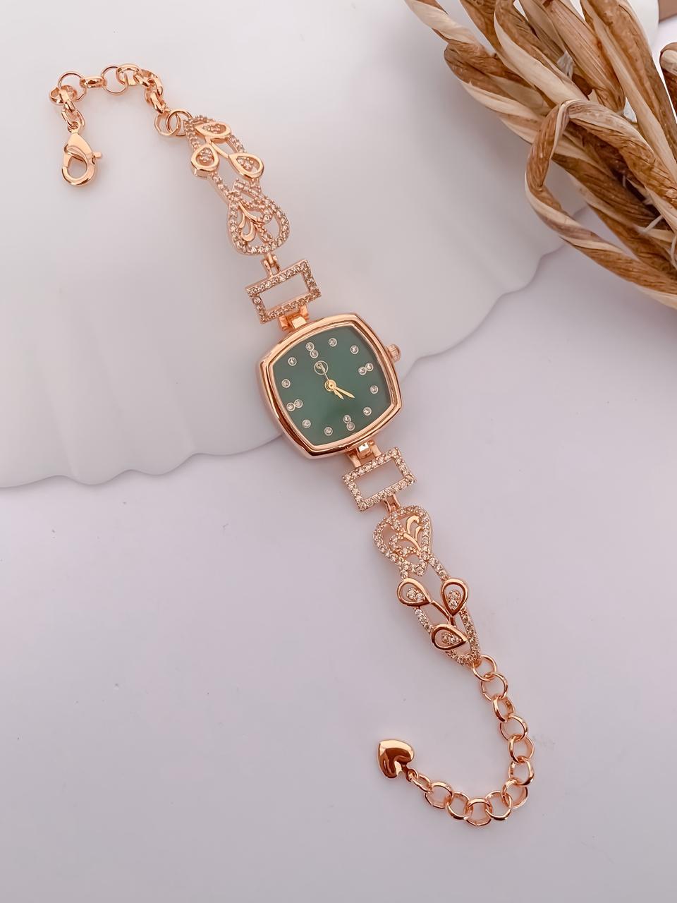 Elegant Rose Gold Square Dial Bracelet Watch for Women with Green Dial