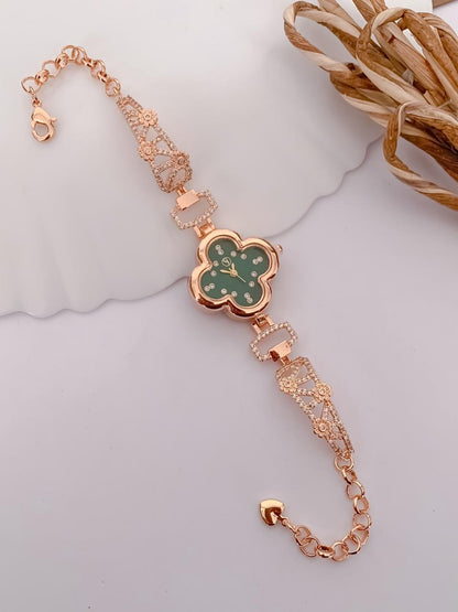 Luxury Rose Gold Floral Bracelet Watch for Women with Green Clover Dial