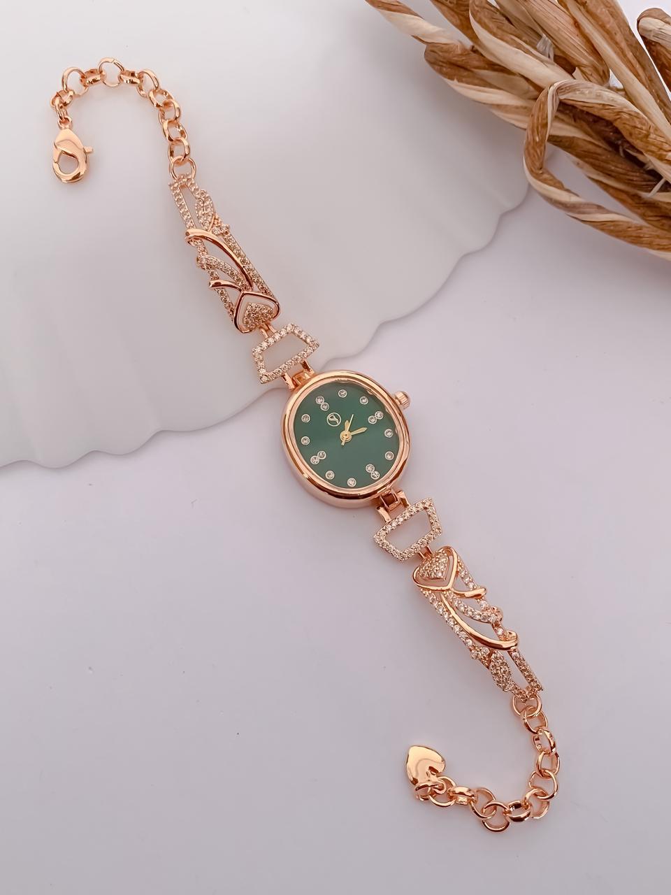 Luxury Rose Gold Women's Bracelet Watch with Green Dial & Crystal Accents