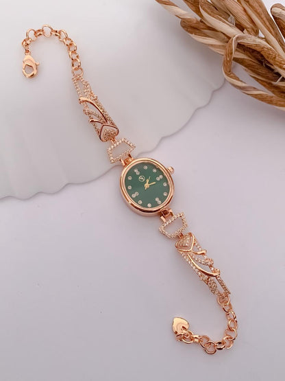 Luxury Rose Gold Women's Bracelet Watch with Green Dial & Crystal Accents