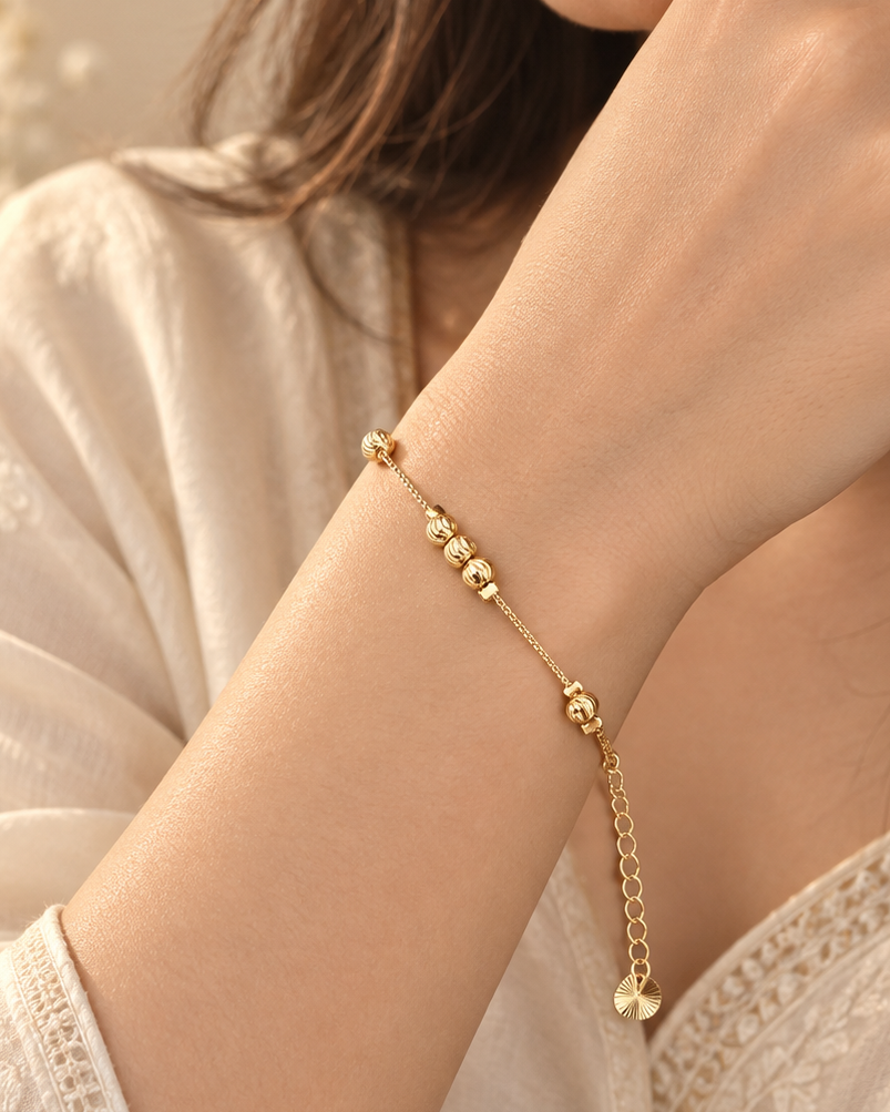 Golden Ribbed Bead Adjustable Bracelet - Stainless Steel