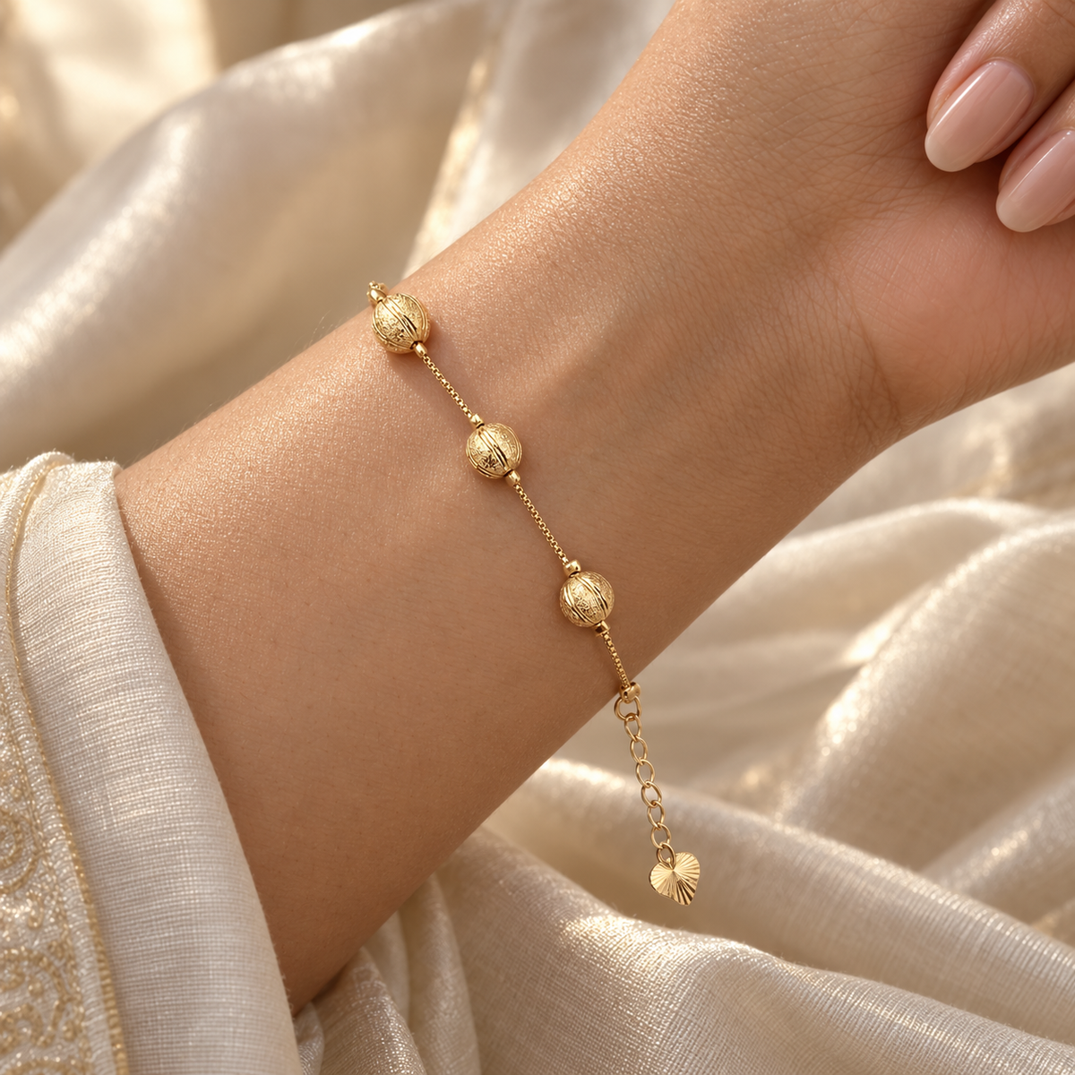 Golden Textured Orb Chain Bracelet - Stainless Steel