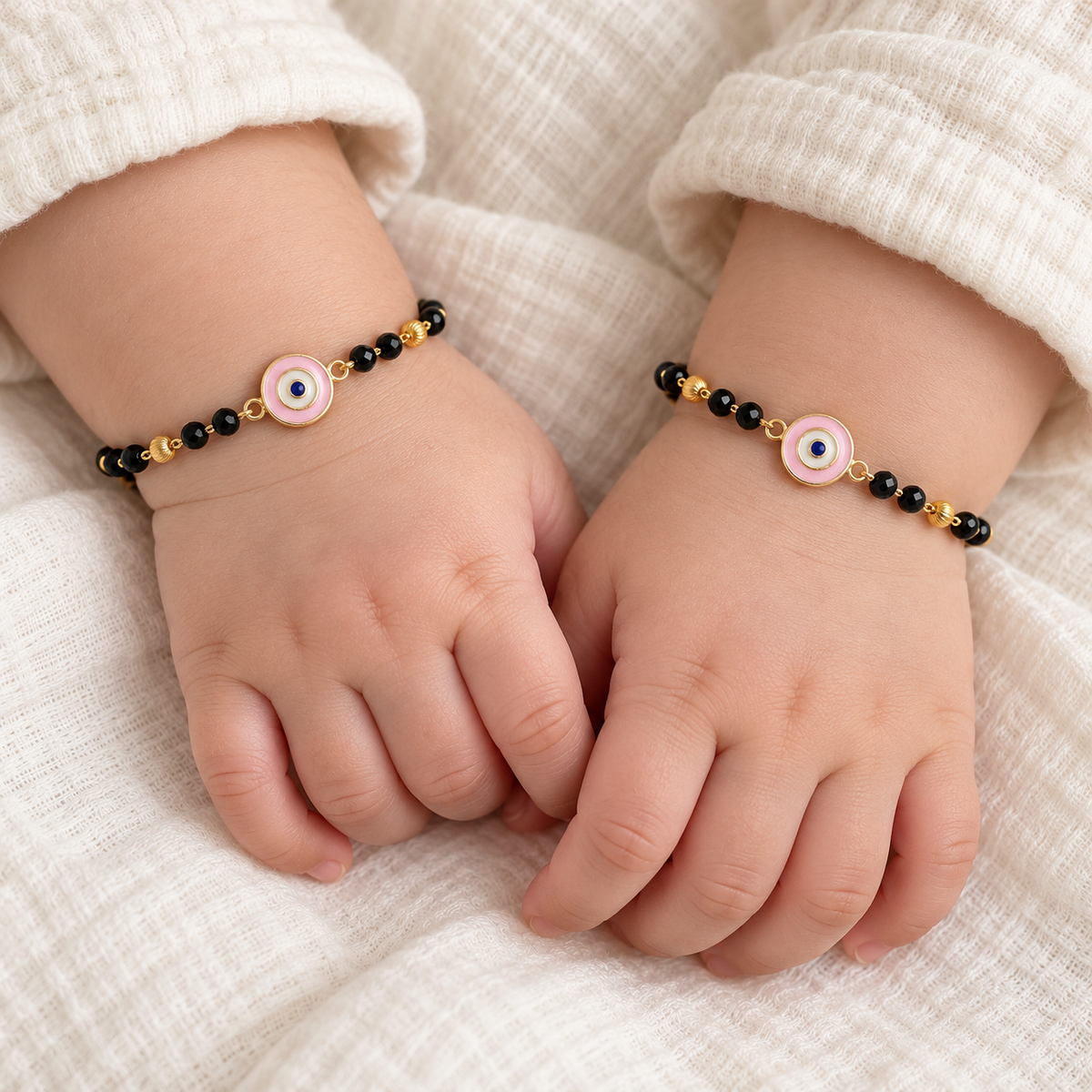 Fancy High Gold Black Beads with Pink Evil Eye Charm Najariya Bracelet