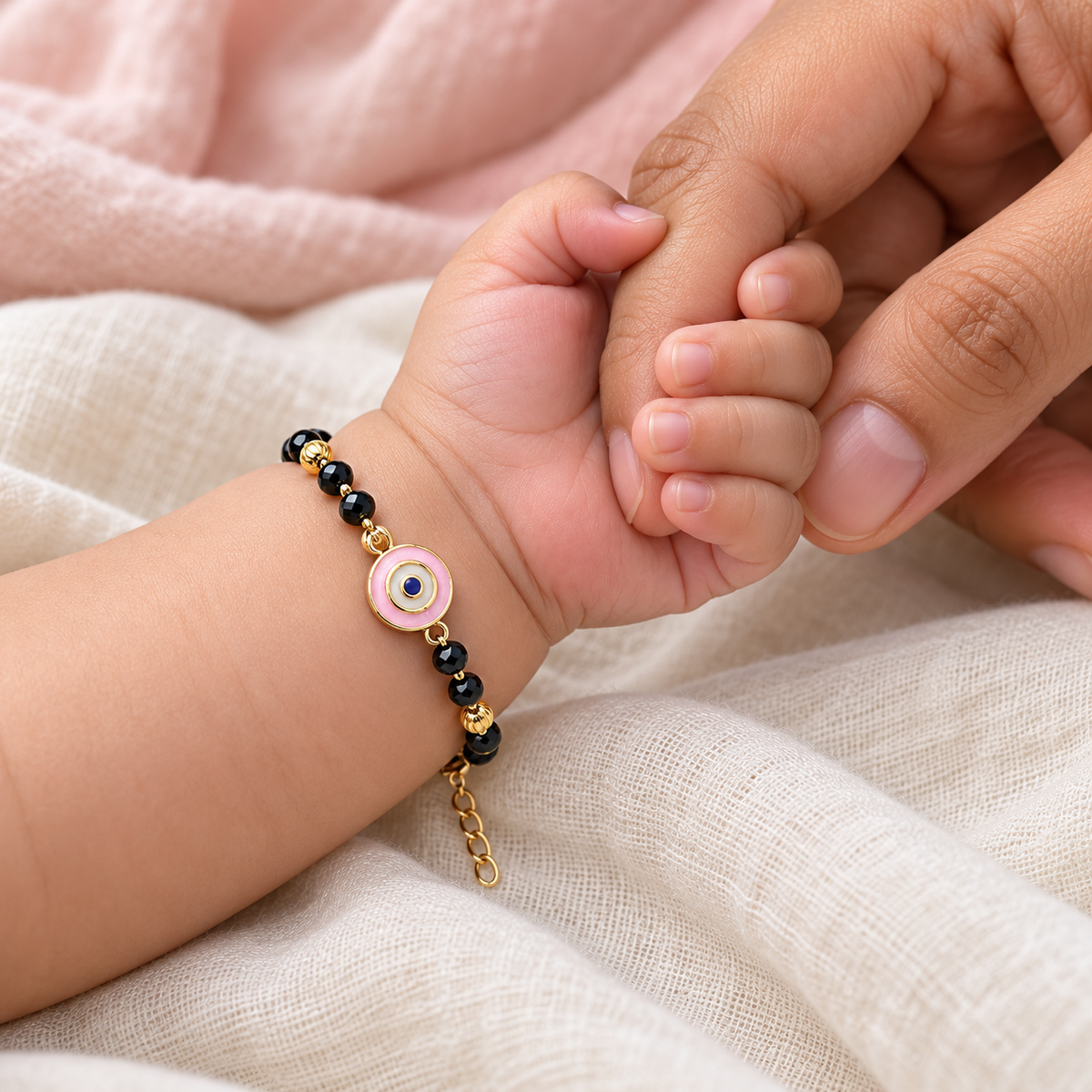 Fancy High Gold Black Beads with Pink Evil Eye Charm Najariya Bracelet