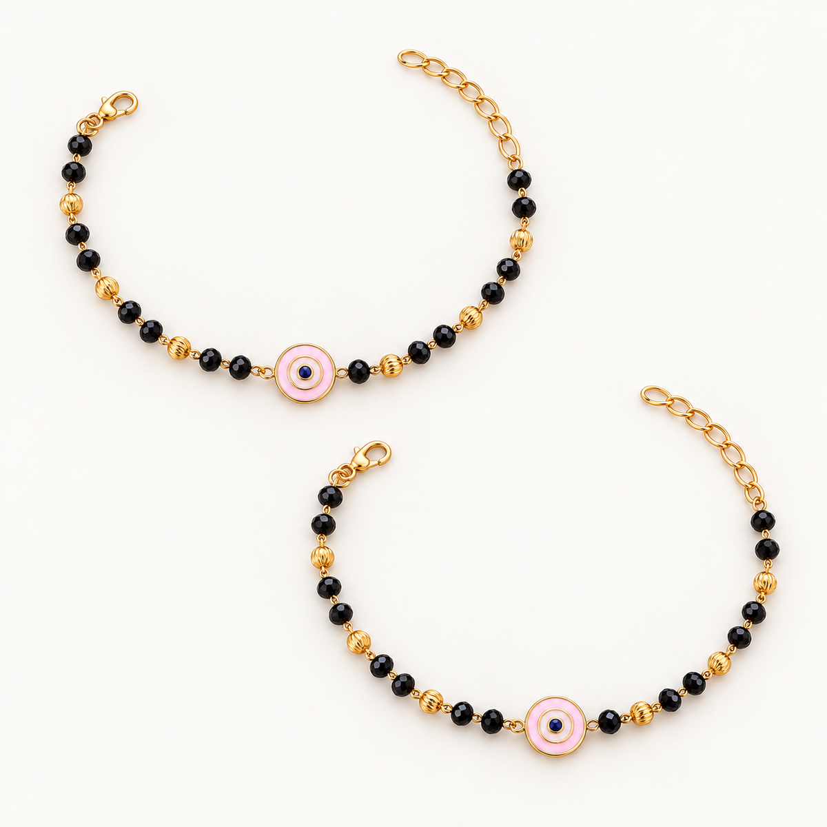 Fancy High Gold Black Beads with Pink Evil Eye Charm Najariya Bracelet
