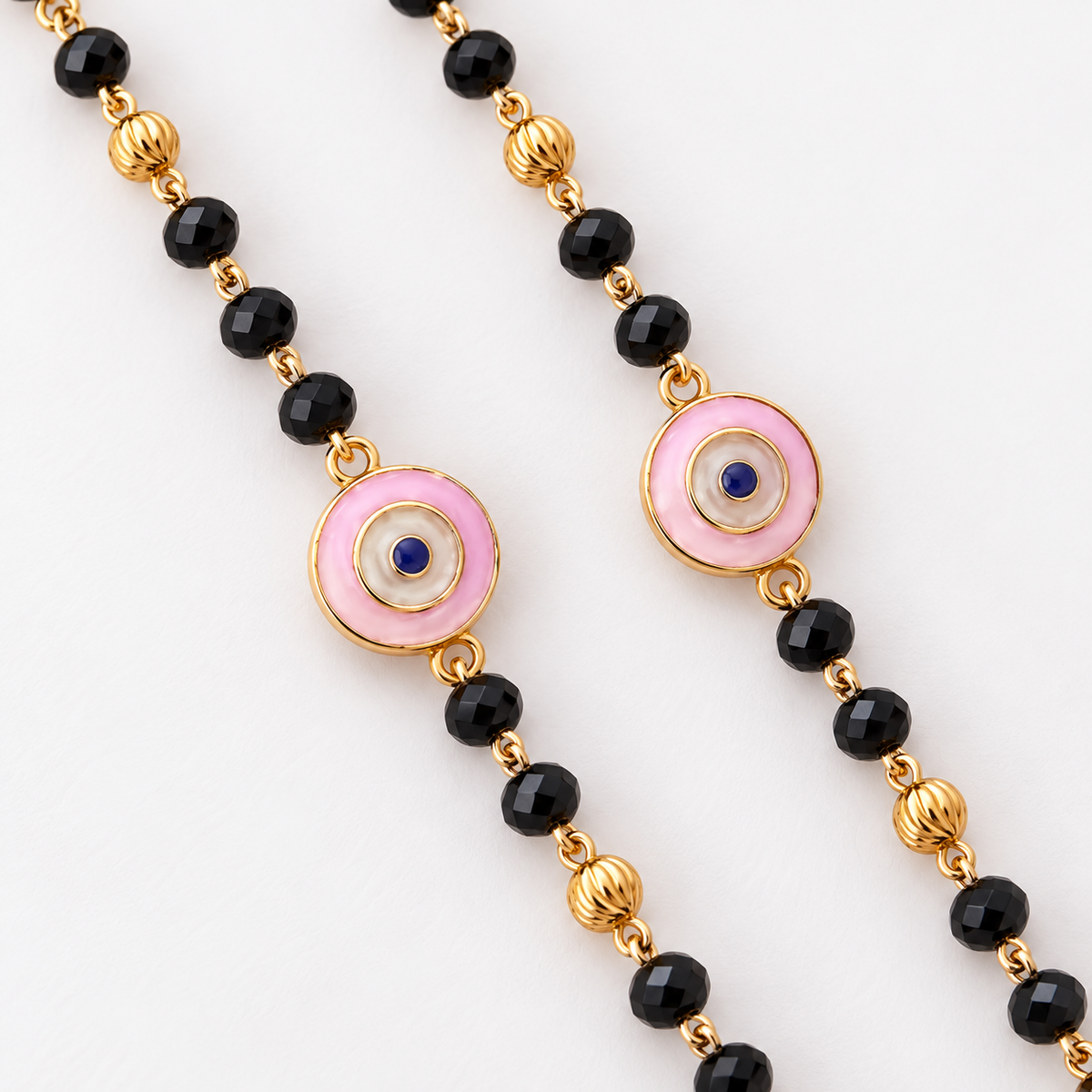 Fancy High Gold Black Beads with Pink Evil Eye Charm Najariya Bracelet