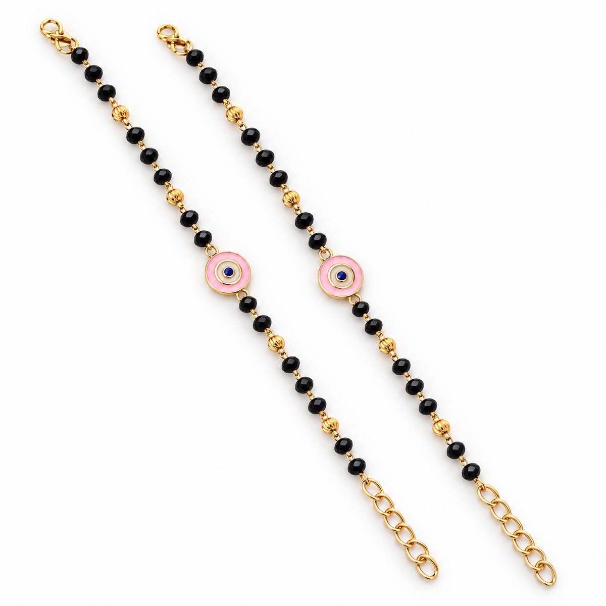 Fancy High Gold Black Beads with Pink Evil Eye Charm Najariya Bracelet