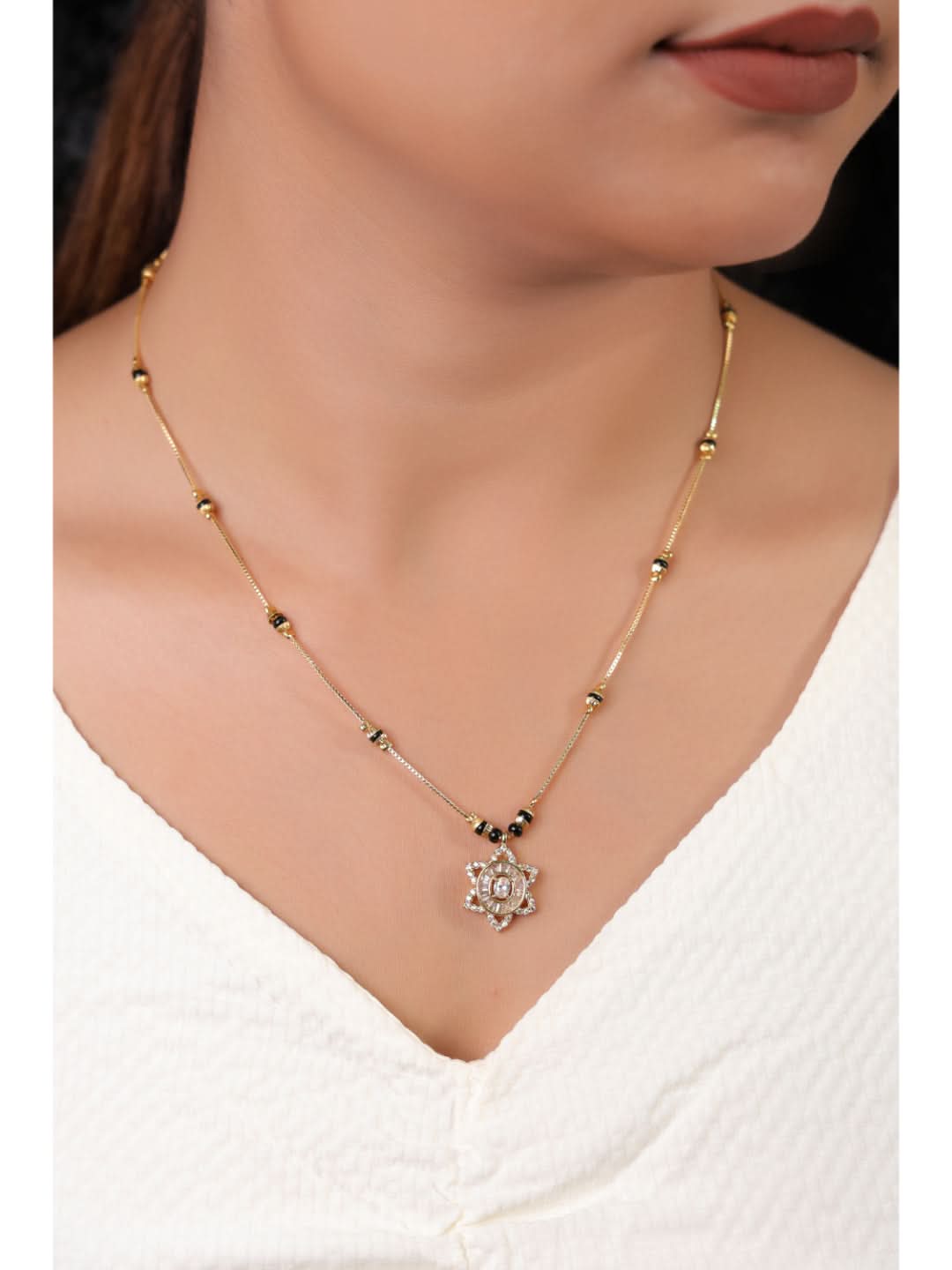 Star Bloom Oval CZ Mangalsutra | Gold Finish Black Beads Necklace