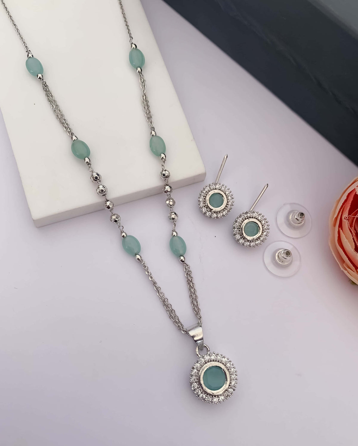 American Diamond Silver Pleted Fancy ColourFull Pendant Set - Pendant Set - Belleza Jewels