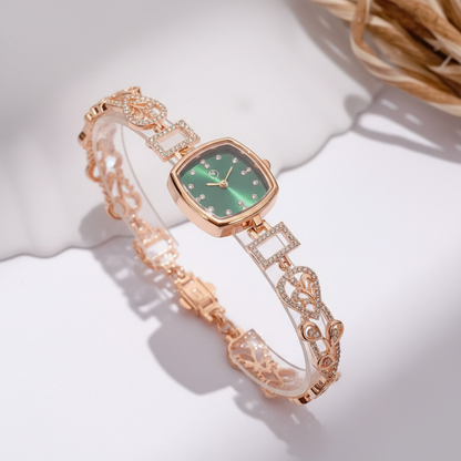 Luxury Rose Gold Green Square Dial Crystal Bracelet Watch for Women