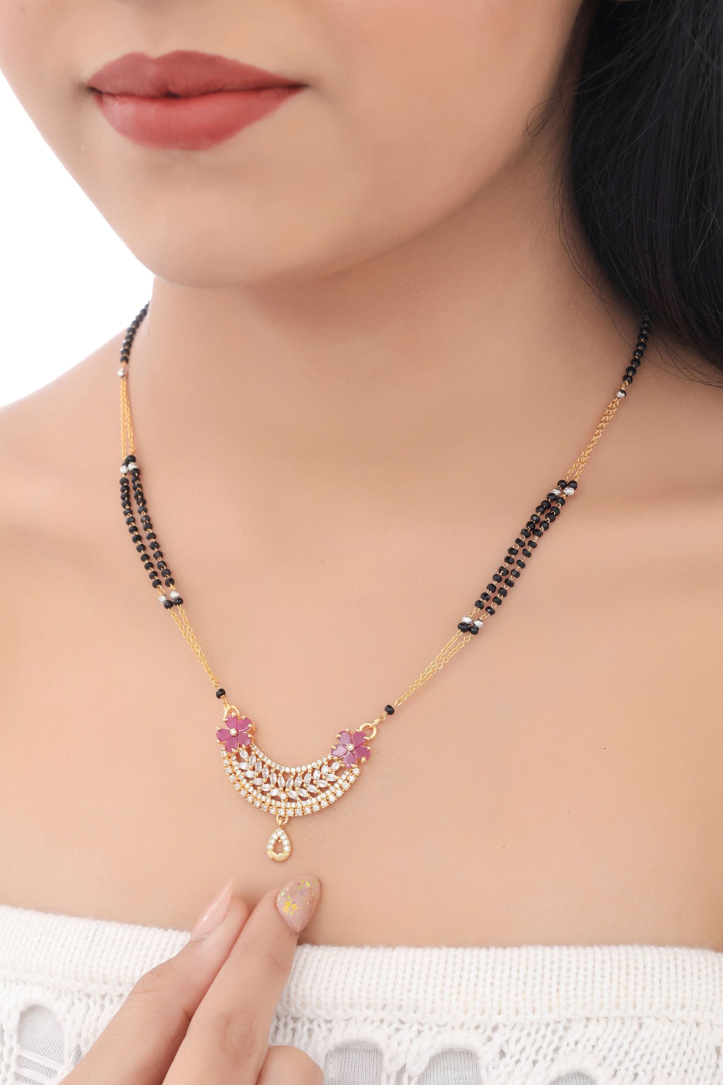 BUY 1 GET 1 FREE -  American Diamond Golden Ruby And White colour Stone Delicate Mangalsutra