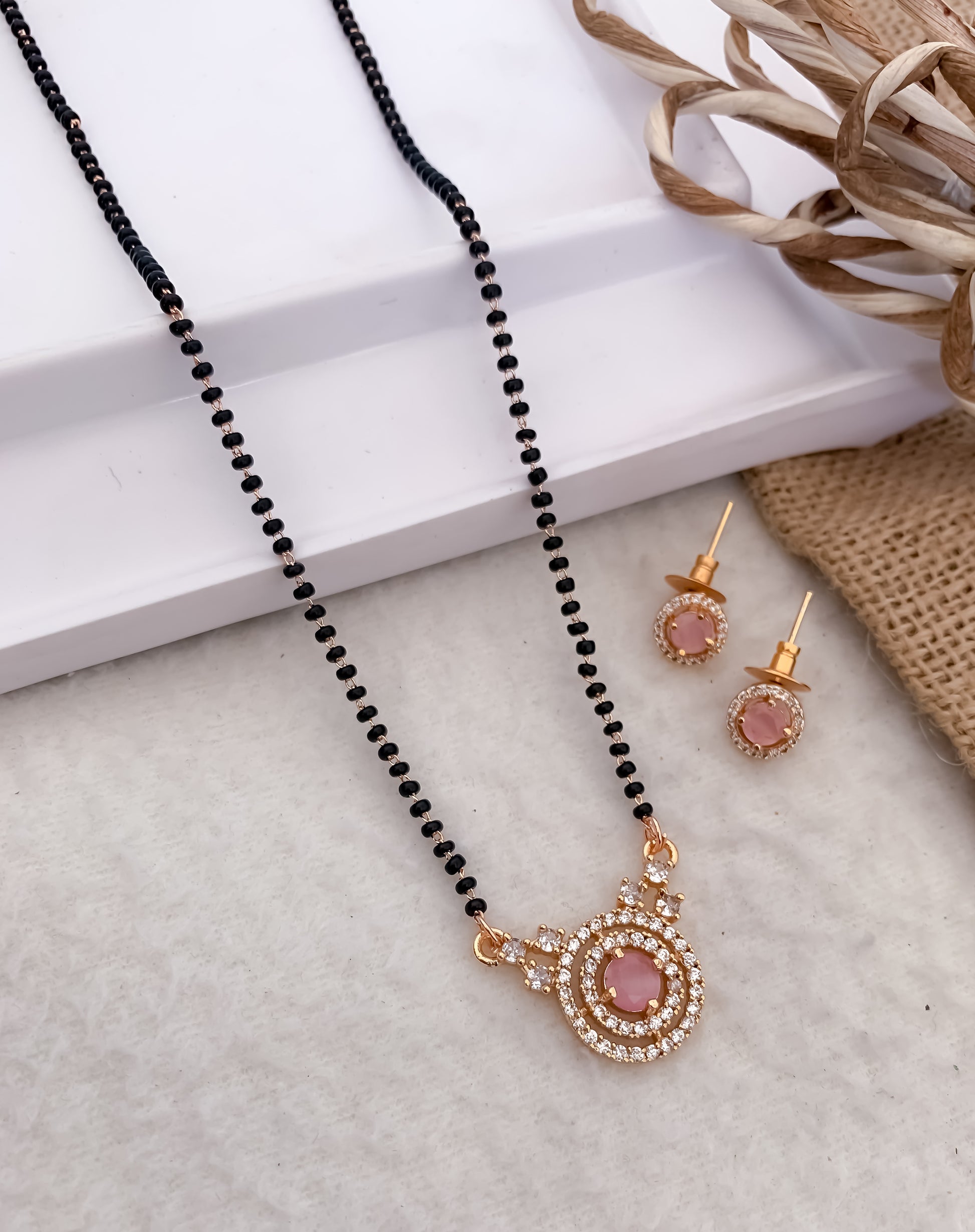 American Diamond Rose Gold Silver And Golden Plated All Colour Fancy 18” Delicate Mangalsutra With Earring Belleza Jewels