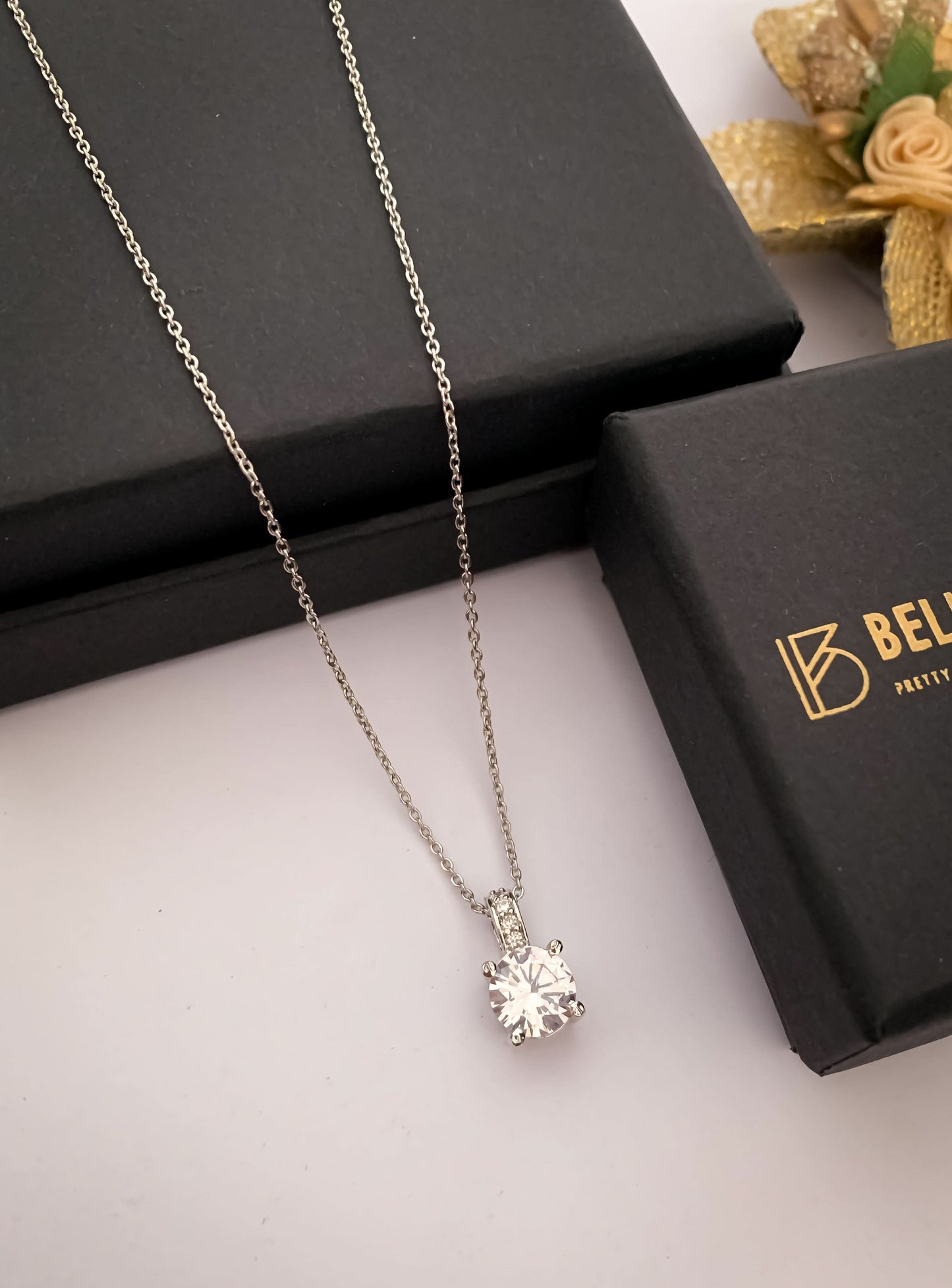 American Diamond Silver Round Single Stone multiple Colour Delicate Chain Pendant - Chain Pendal - Belleza Jewels