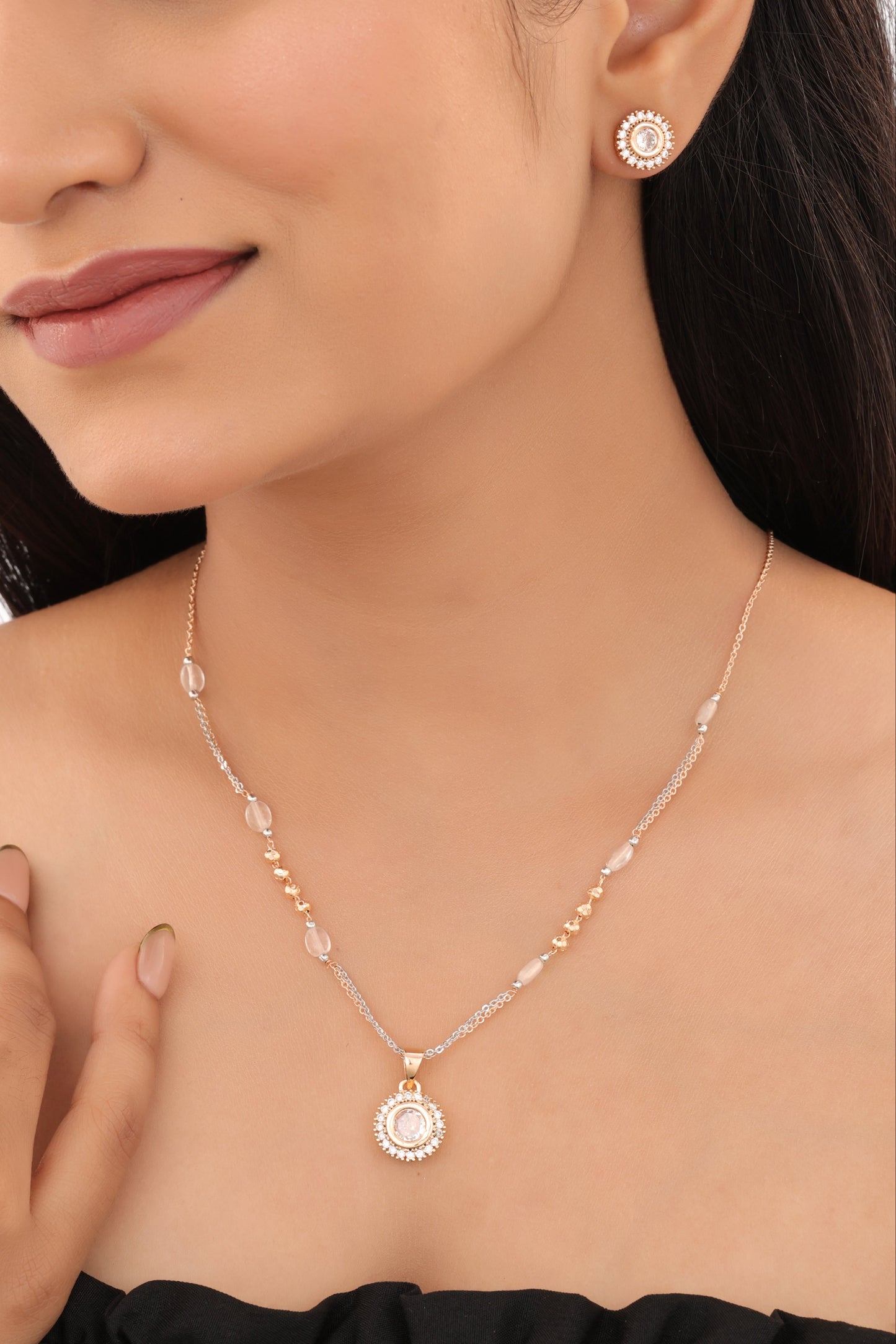 Rose Gold Finish Oval Stone Pendant Necklace Set with Stud Earrings - Pendant Set - Belleza Jewels