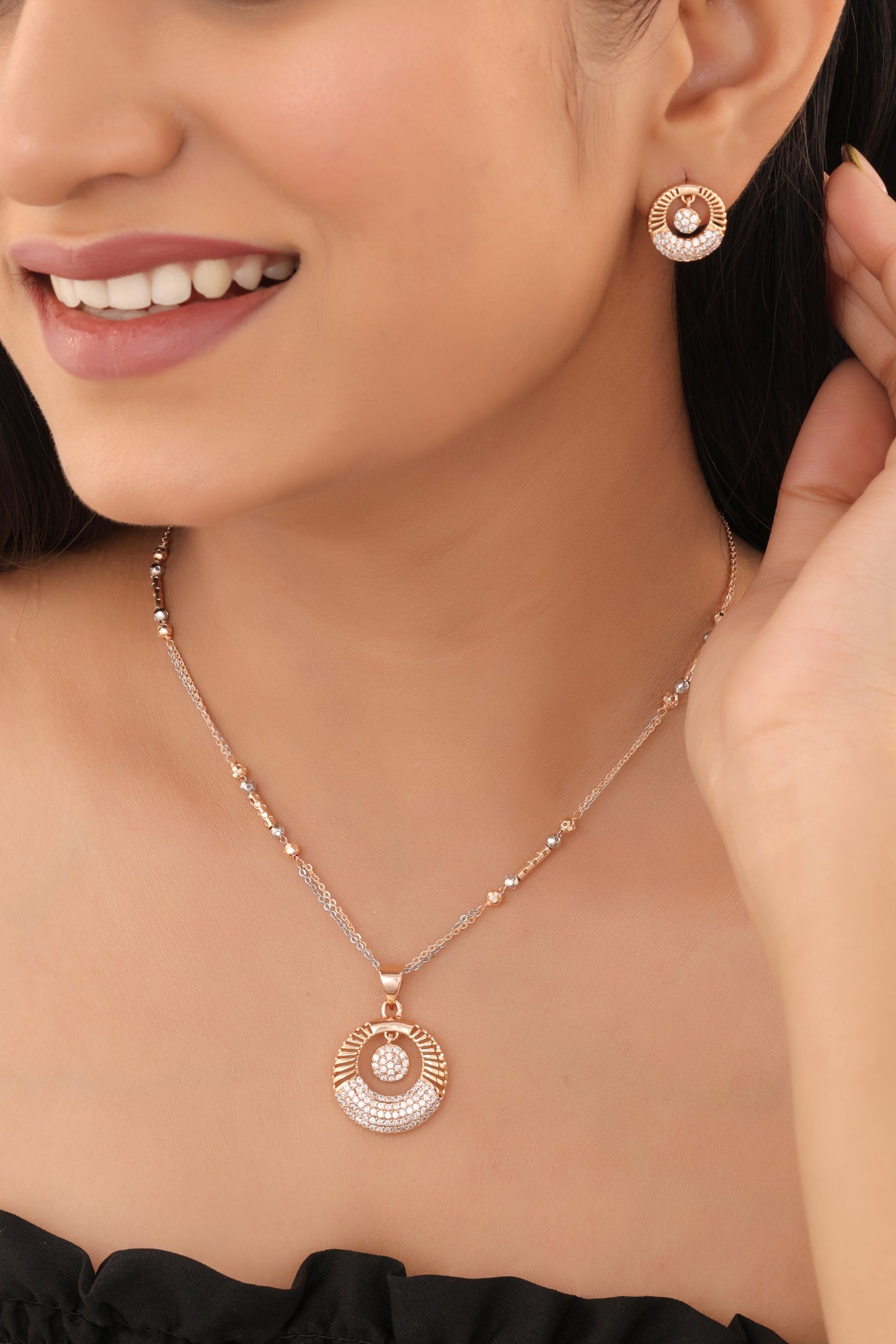 Rose Gold Finish Circular Textured Pendant Necklace Set - Pendant Set - Belleza Jewels