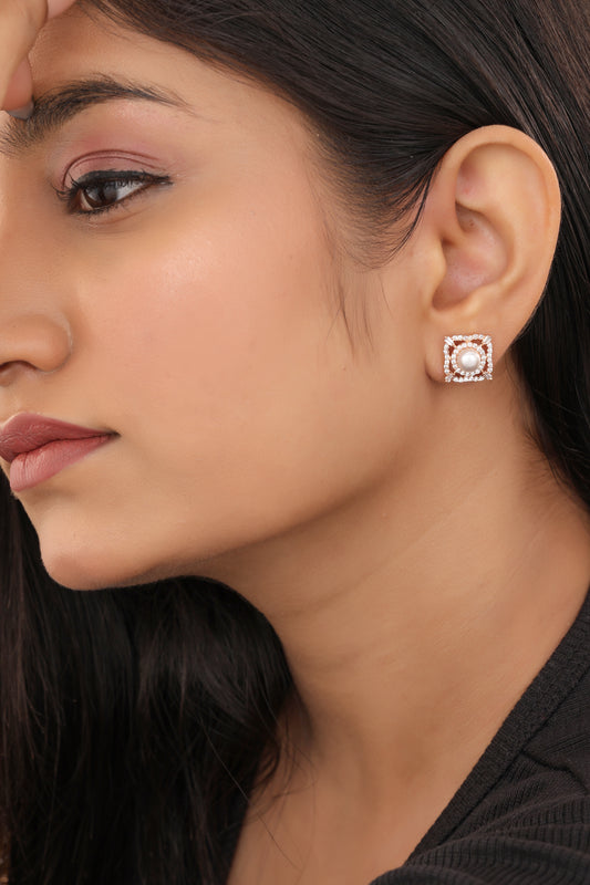 Buy1 Get 1 Free -American Diamond Rose Gold  White Pearl square Shape Earring Tops