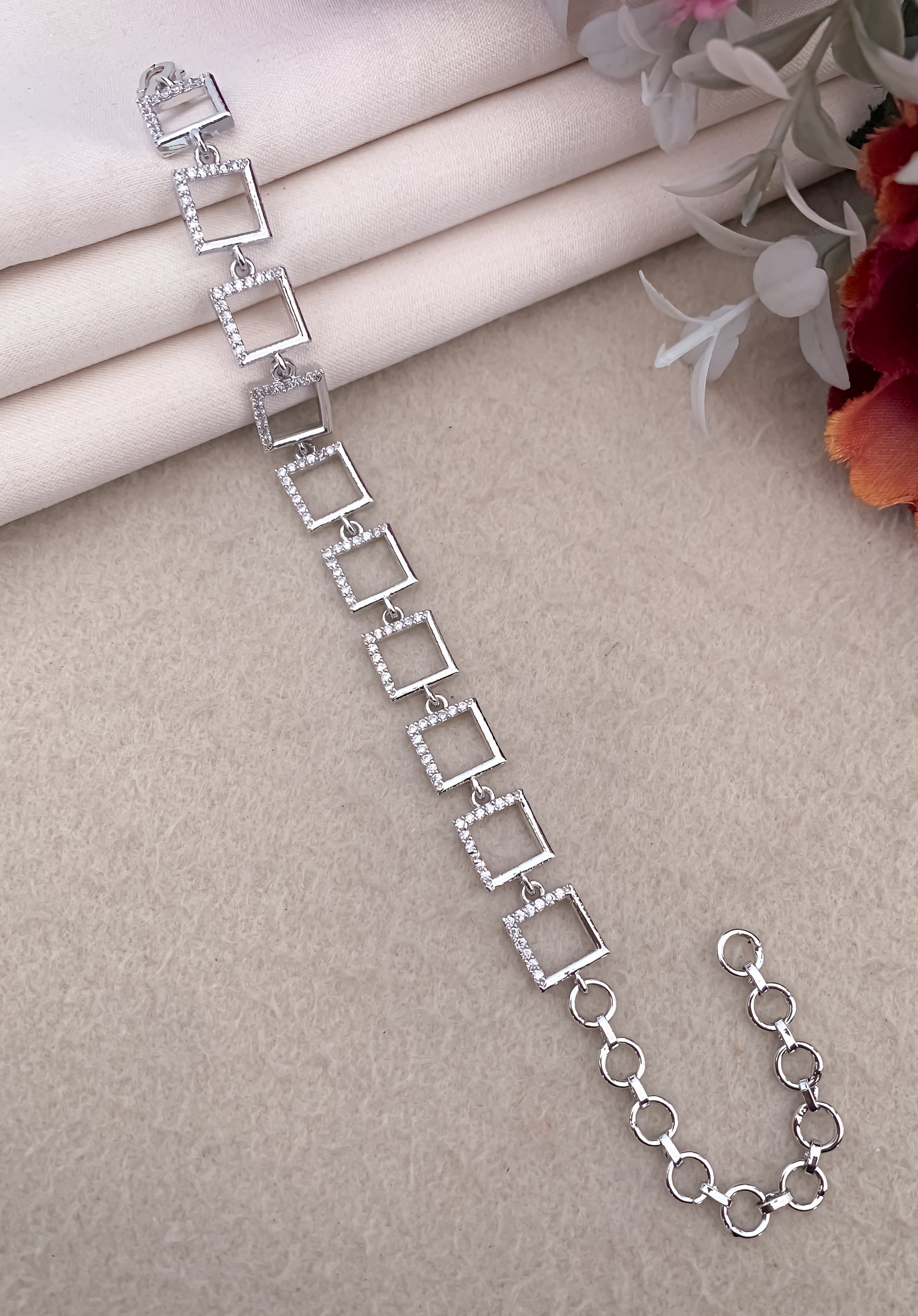 American Diamond Rose Gold Silver And Gold Plated Fancy Square Bracelet - Bracelet - Belleza Jewels