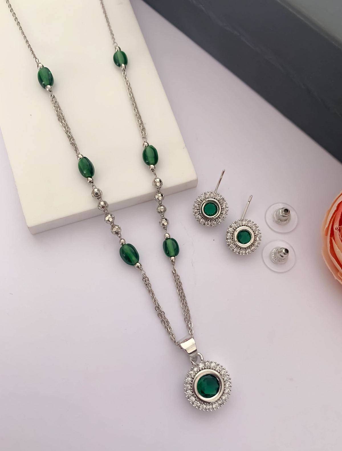 American Diamond Silver Pleted Fancy ColourFull Pendant Set - Pendant Set - Belleza Jewels