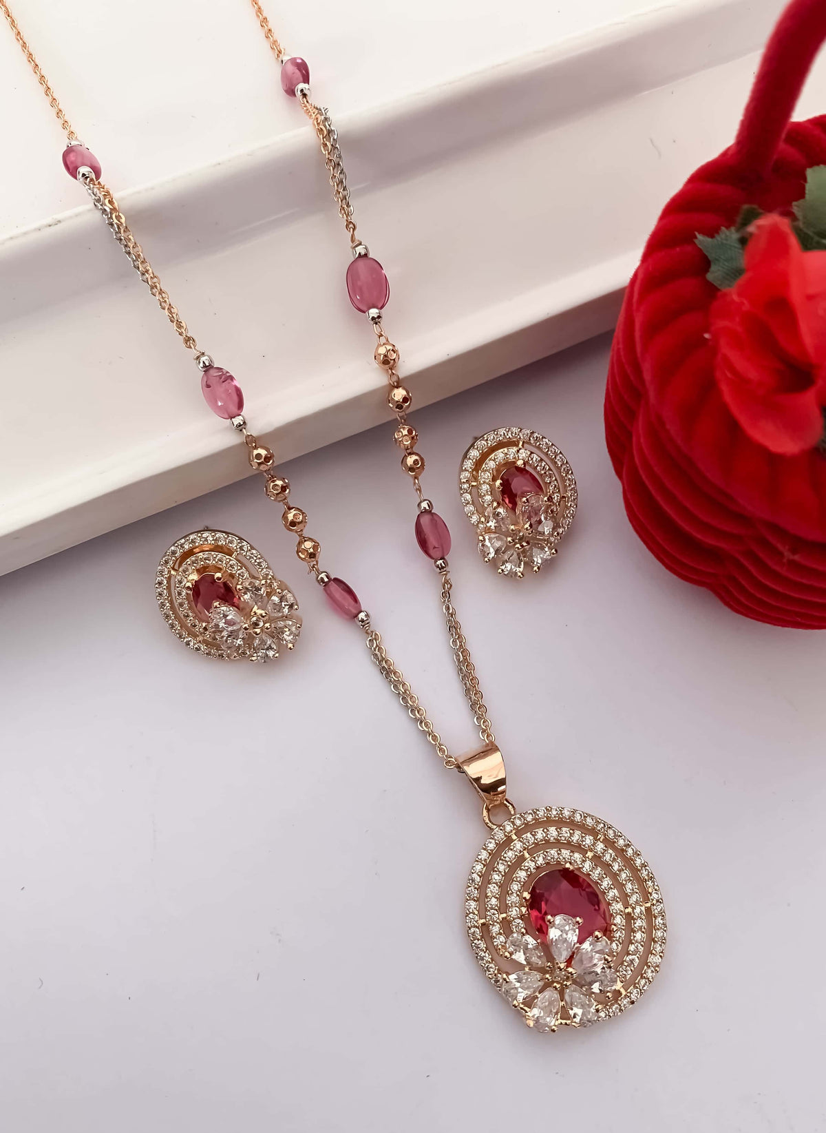 American Diamond Rose Gold Ruby Pendant Set - Pendant Set - Belleza Jewels
