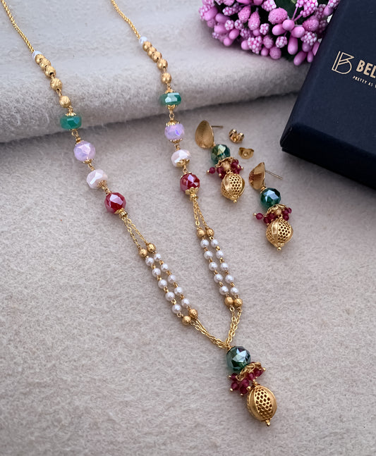 Brass High Gold Matt Finished Multi Colour Fancy Mala Set - Pendant Set - Belleza Jewels