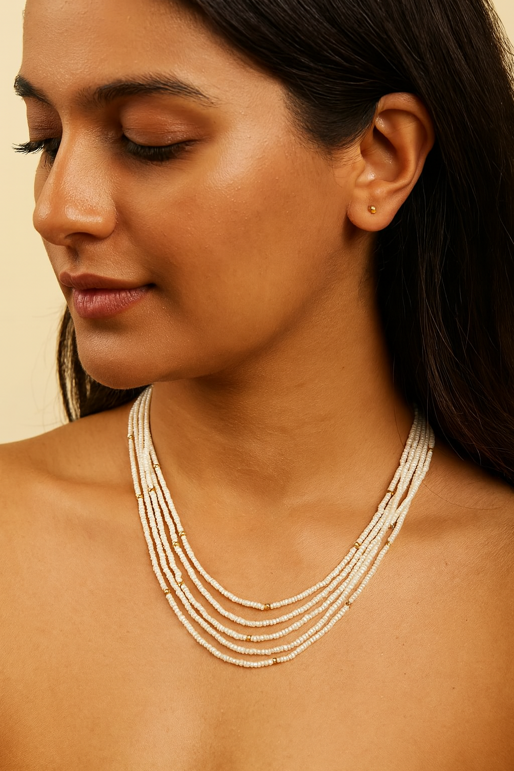 Elegant 4-Line Western Mala – White Bead Necklace (18 Inch)