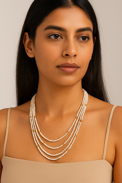 Elegant 4-Line Western Mala – White Bead Necklace (18 Inch)
