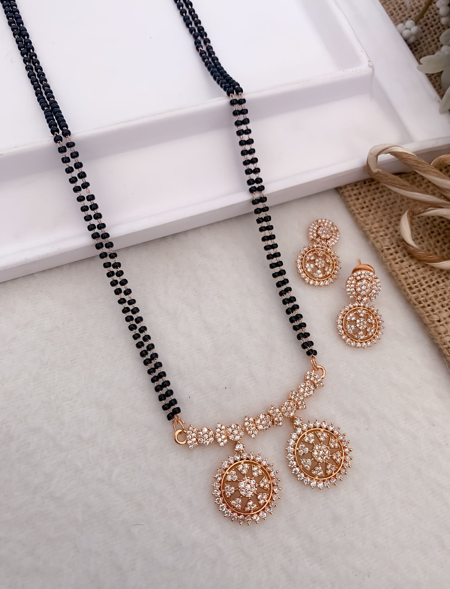 American Diamond Rose Gold Silver Golden Pleted Double Step chain Mangalsutra Length 18” Belleza Jewels