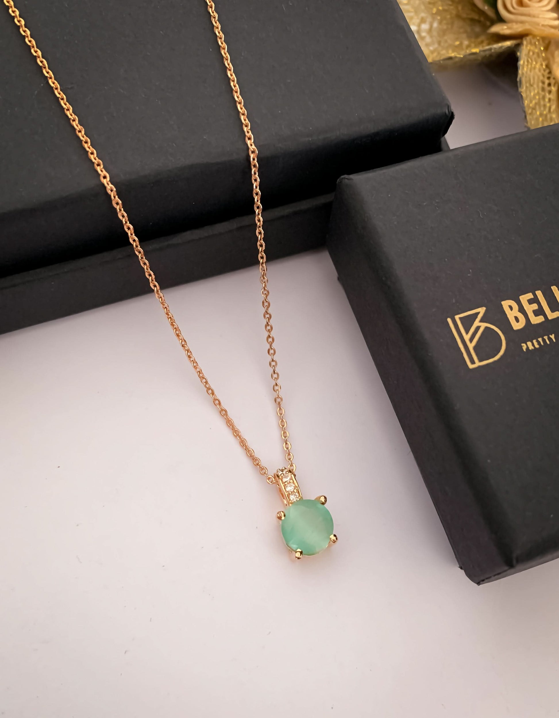 American Diamond Rose Gold Round Single Stone multiple Colour Delicate Chain Pendant - Chain Pendal - Belleza Jewels