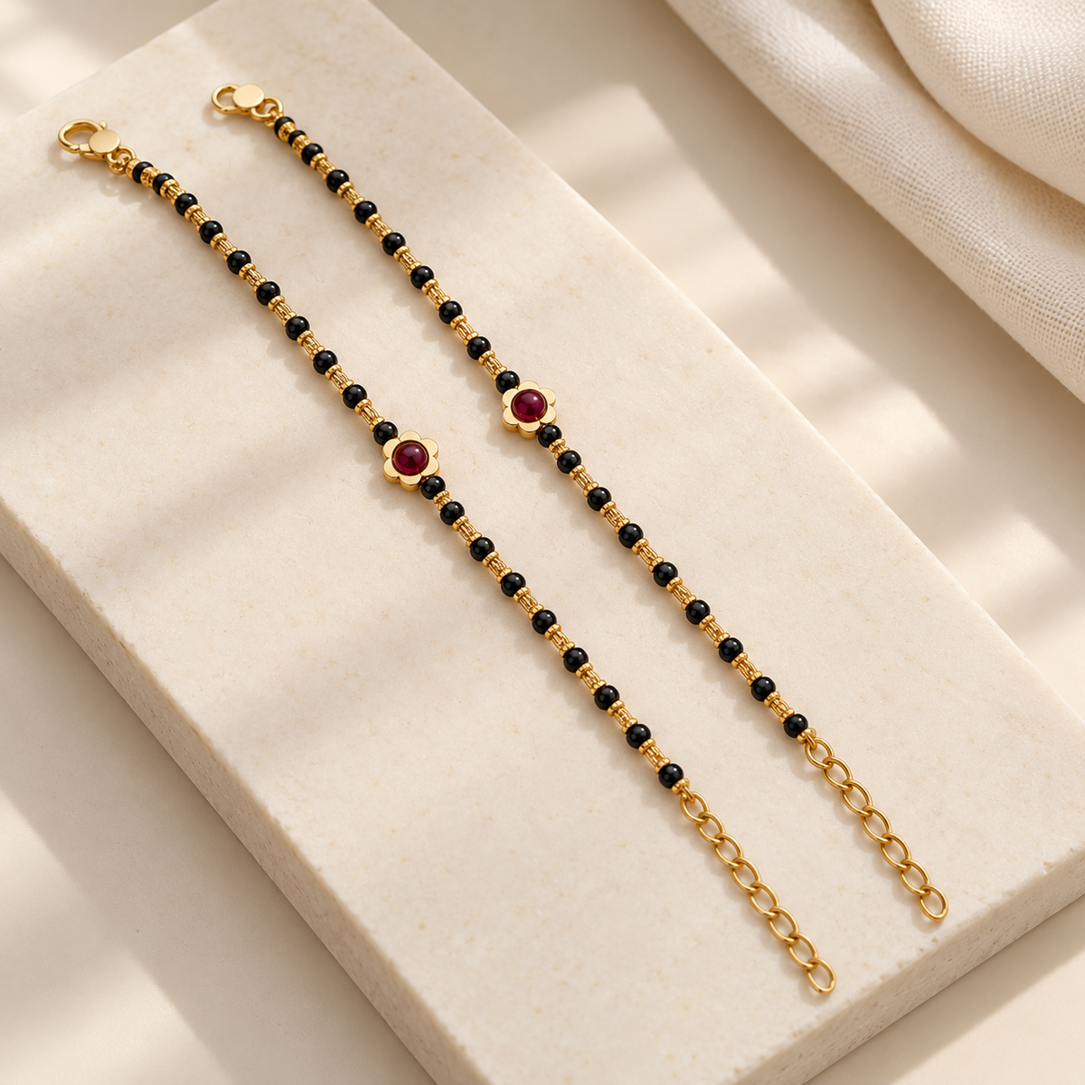 Fancy Black Beads with Red Stone Flower Kids Size Najariya Bracelet