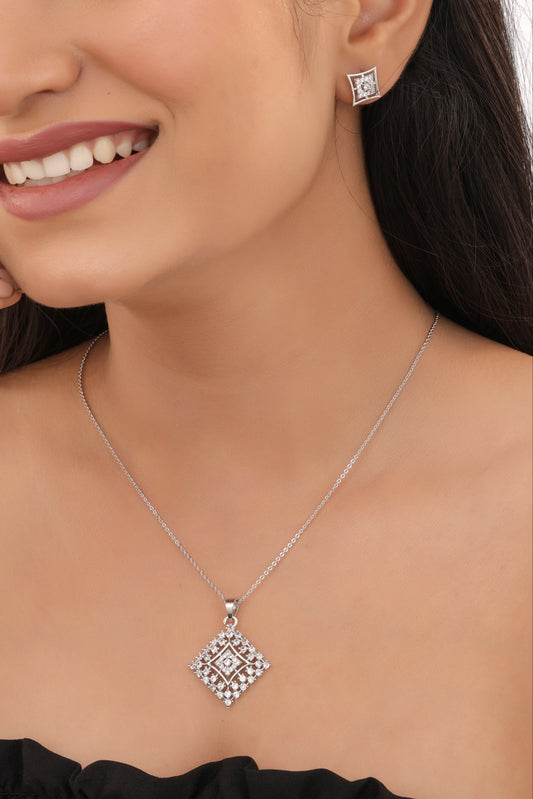 Rose Gold Square Crystal Studded Pendant Necklace Set - Pendant Set - Belleza Jewels