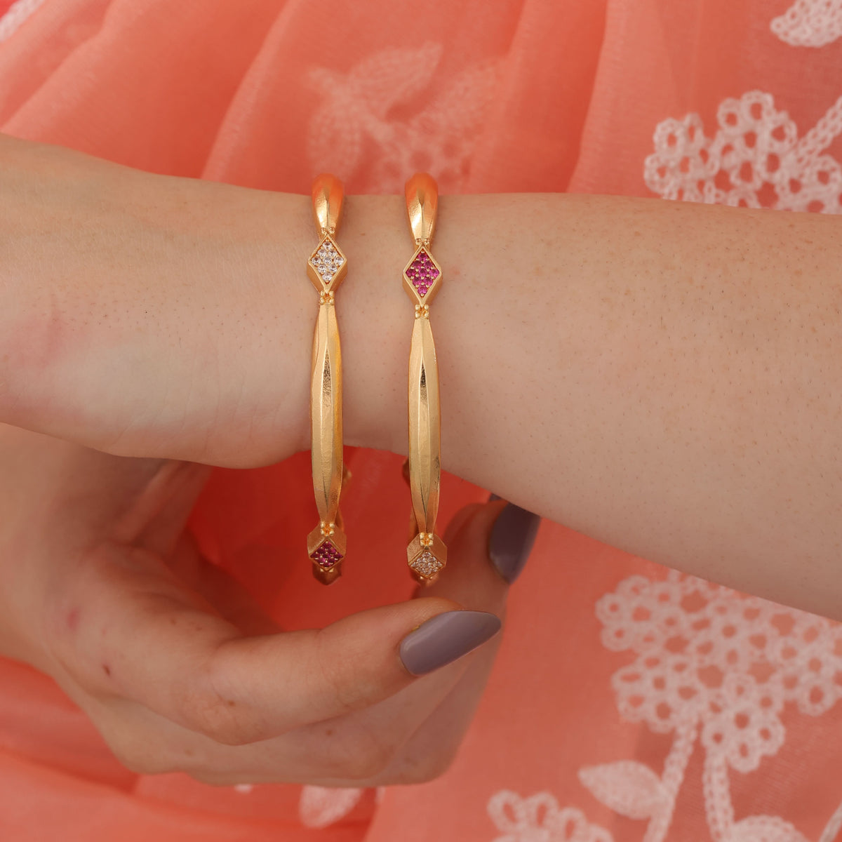 Fancy High Gold Delicate Bangles (Set of 2) - Bangles - Belleza Jewels